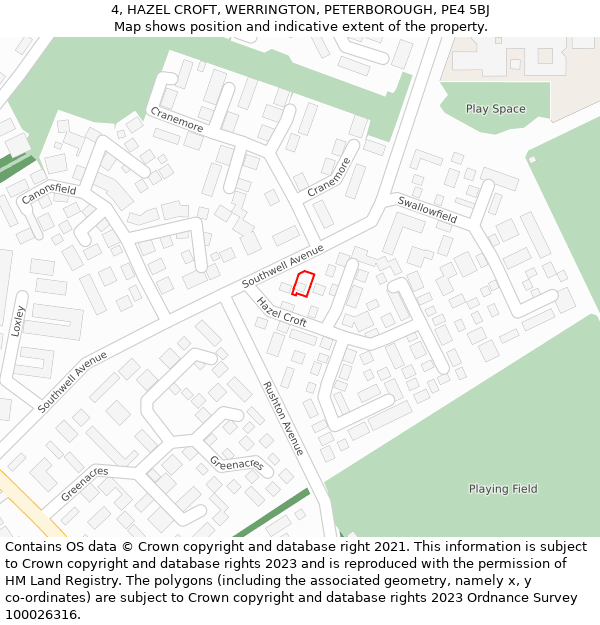 4, HAZEL CROFT, WERRINGTON, PETERBOROUGH, PE4 5BJ: Location map and indicative extent of plot