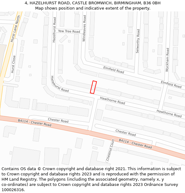 4, HAZELHURST ROAD, CASTLE BROMWICH, BIRMINGHAM, B36 0BH: Location map and indicative extent of plot