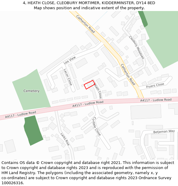 4, HEATH CLOSE, CLEOBURY MORTIMER, KIDDERMINSTER, DY14 8ED: Location map and indicative extent of plot