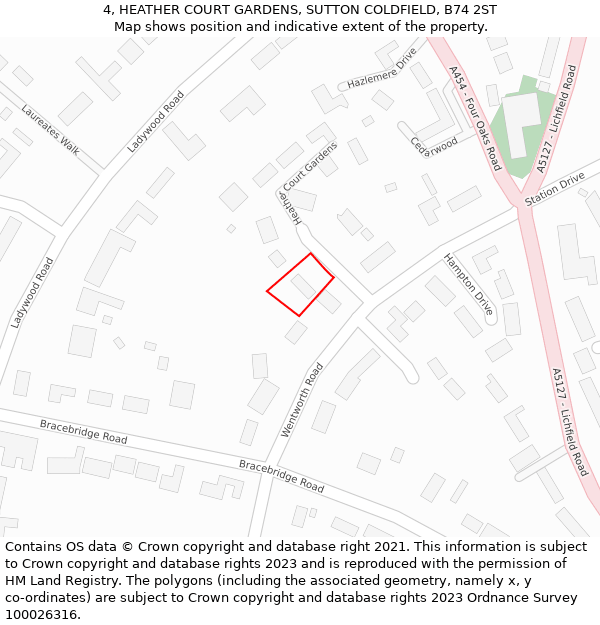 4, HEATHER COURT GARDENS, SUTTON COLDFIELD, B74 2ST: Location map and indicative extent of plot