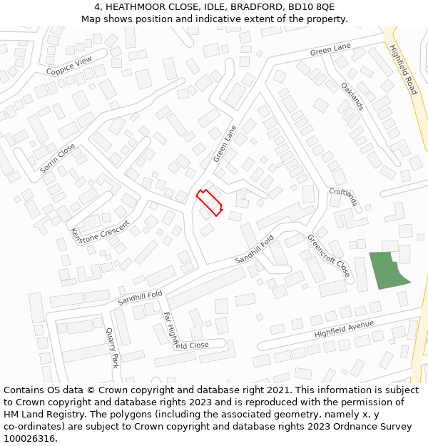 4, HEATHMOOR CLOSE, IDLE, BRADFORD, BD10 8QE: Location map and indicative extent of plot