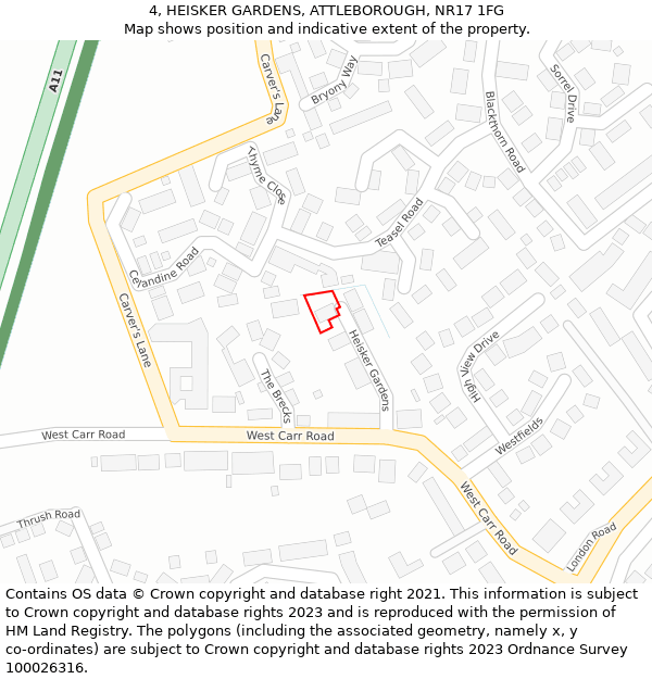 4, HEISKER GARDENS, ATTLEBOROUGH, NR17 1FG: Location map and indicative extent of plot