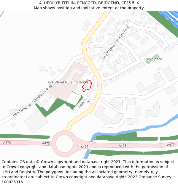 4, HEOL YR EITHIN, PENCOED, BRIDGEND, CF35 5LX: Location map and indicative extent of plot