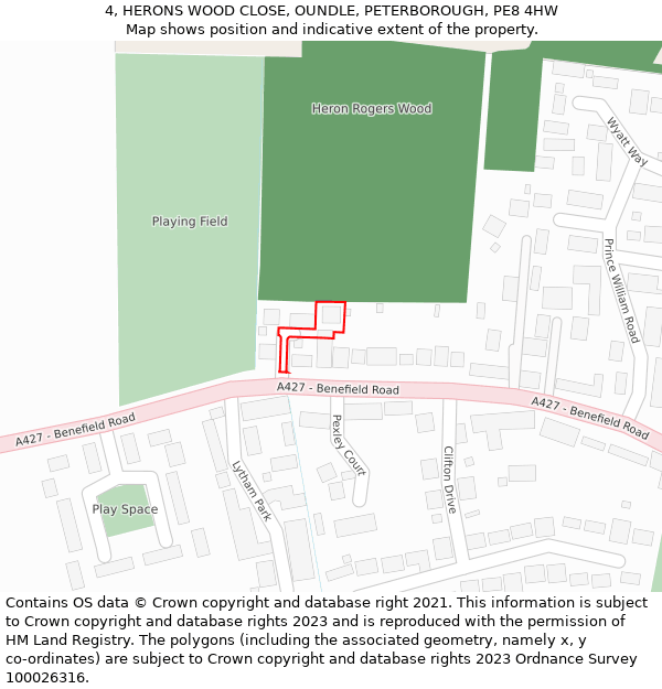 4, HERONS WOOD CLOSE, OUNDLE, PETERBOROUGH, PE8 4HW: Location map and indicative extent of plot