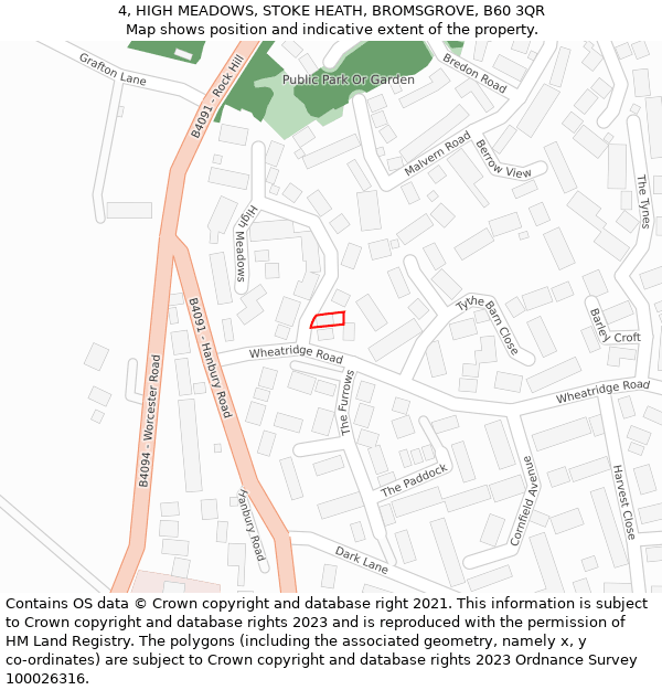 4, HIGH MEADOWS, STOKE HEATH, BROMSGROVE, B60 3QR: Location map and indicative extent of plot