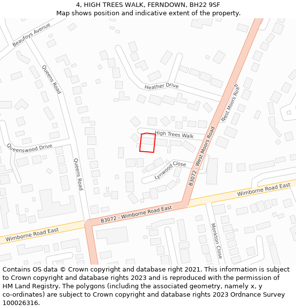 4, HIGH TREES WALK, FERNDOWN, BH22 9SF: Location map and indicative extent of plot