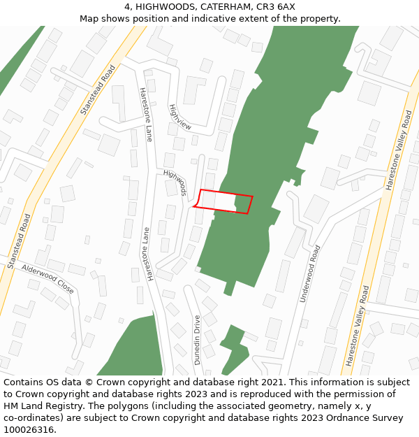 4, HIGHWOODS, CATERHAM, CR3 6AX: Location map and indicative extent of plot