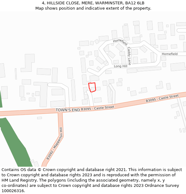 4, HILLSIDE CLOSE, MERE, WARMINSTER, BA12 6LB: Location map and indicative extent of plot