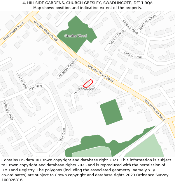 4, HILLSIDE GARDENS, CHURCH GRESLEY, SWADLINCOTE, DE11 9QA: Location map and indicative extent of plot