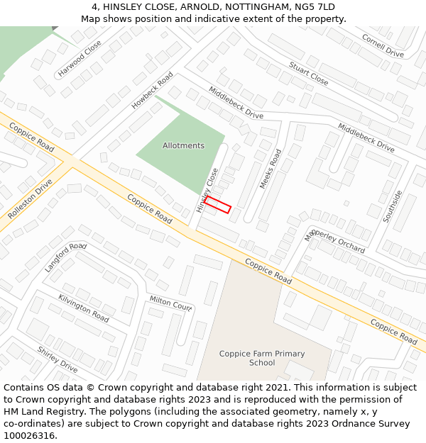 4, HINSLEY CLOSE, ARNOLD, NOTTINGHAM, NG5 7LD: Location map and indicative extent of plot