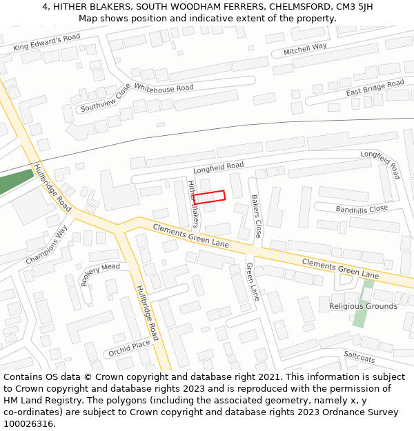 4, HITHER BLAKERS, SOUTH WOODHAM FERRERS, CHELMSFORD, CM3 5JH: Location map and indicative extent of plot