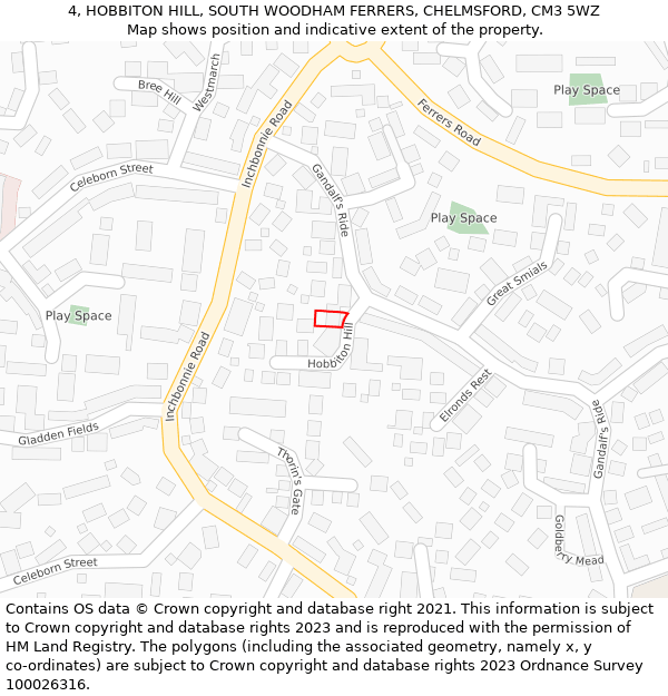 4, HOBBITON HILL, SOUTH WOODHAM FERRERS, CHELMSFORD, CM3 5WZ: Location map and indicative extent of plot