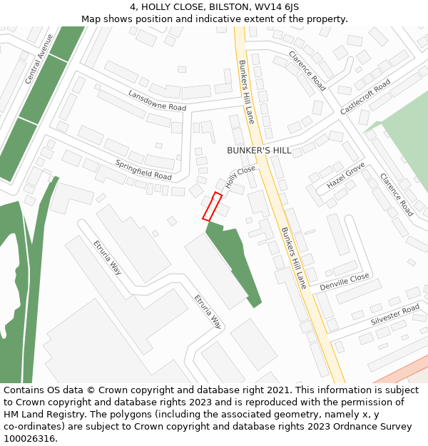 4, HOLLY CLOSE, BILSTON, WV14 6JS: Location map and indicative extent of plot