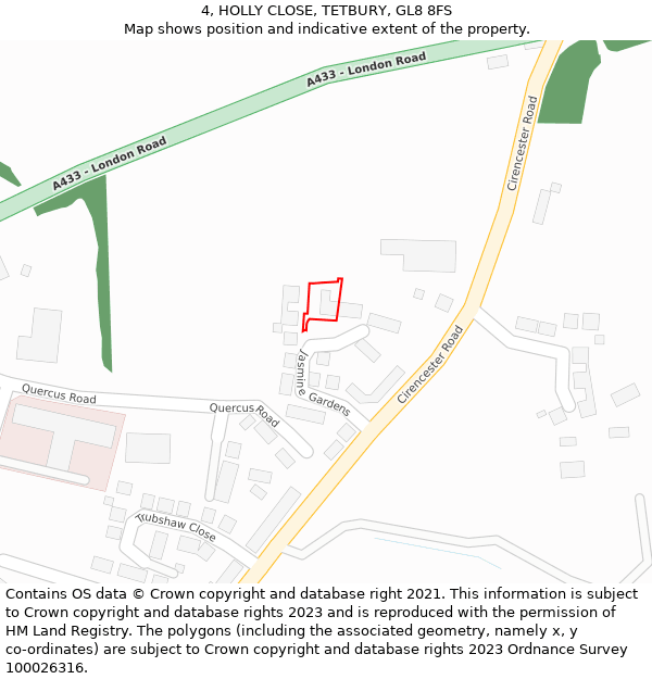 4, HOLLY CLOSE, TETBURY, GL8 8FS: Location map and indicative extent of plot