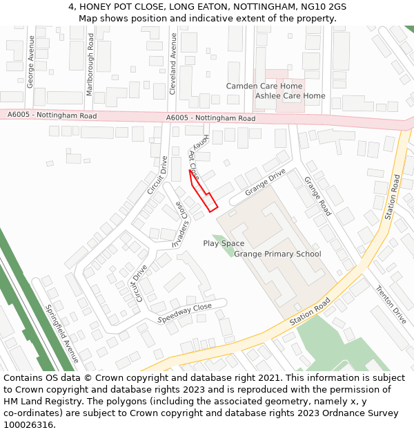 4, HONEY POT CLOSE, LONG EATON, NOTTINGHAM, NG10 2GS: Location map and indicative extent of plot