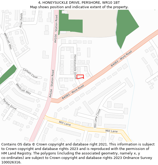 4, HONEYSUCKLE DRIVE, PERSHORE, WR10 1BT: Location map and indicative extent of plot