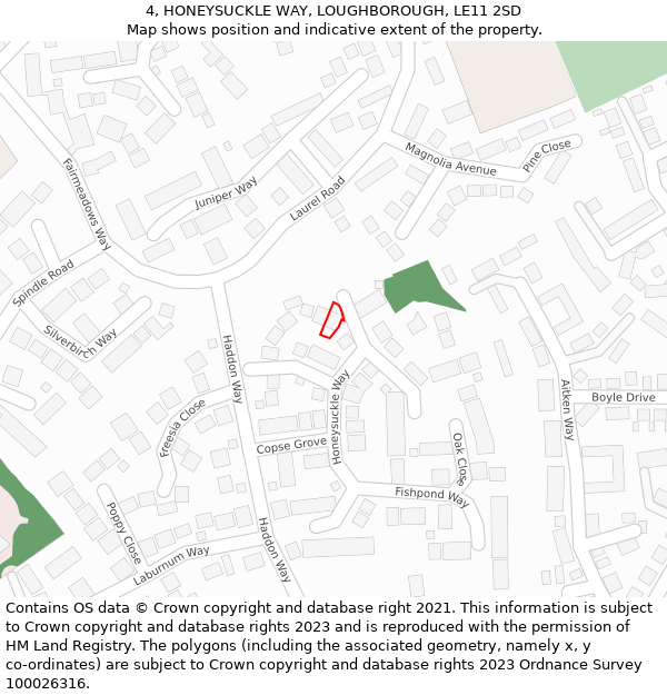 4, HONEYSUCKLE WAY, LOUGHBOROUGH, LE11 2SD: Location map and indicative extent of plot