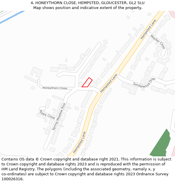 4, HONEYTHORN CLOSE, HEMPSTED, GLOUCESTER, GL2 5LU: Location map and indicative extent of plot