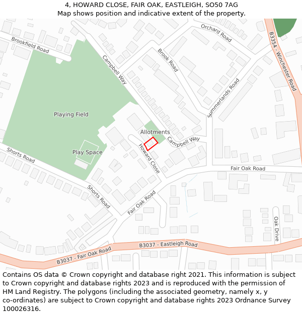 4, HOWARD CLOSE, FAIR OAK, EASTLEIGH, SO50 7AG: Location map and indicative extent of plot