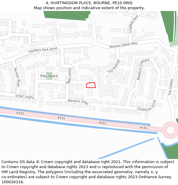 4, HUNTINGDON PLACE, BOURNE, PE10 0WQ: Location map and indicative extent of plot