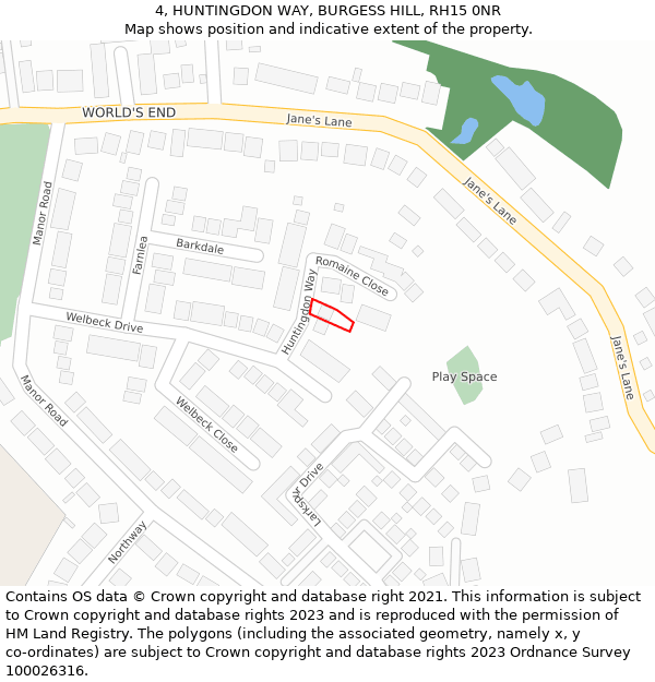 4, HUNTINGDON WAY, BURGESS HILL, RH15 0NR: Location map and indicative extent of plot