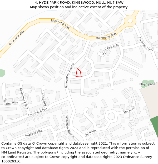 4, HYDE PARK ROAD, KINGSWOOD, HULL, HU7 3AW: Location map and indicative extent of plot