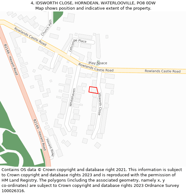 4, IDSWORTH CLOSE, HORNDEAN, WATERLOOVILLE, PO8 0DW: Location map and indicative extent of plot