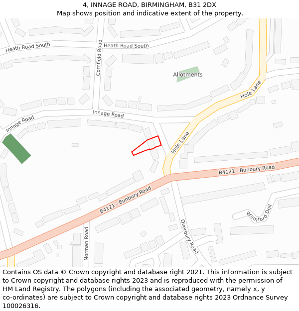 4, INNAGE ROAD, BIRMINGHAM, B31 2DX: Location map and indicative extent of plot