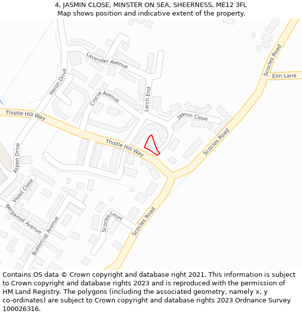 4, JASMIN CLOSE, MINSTER ON SEA, SHEERNESS, ME12 3FL: Location map and indicative extent of plot