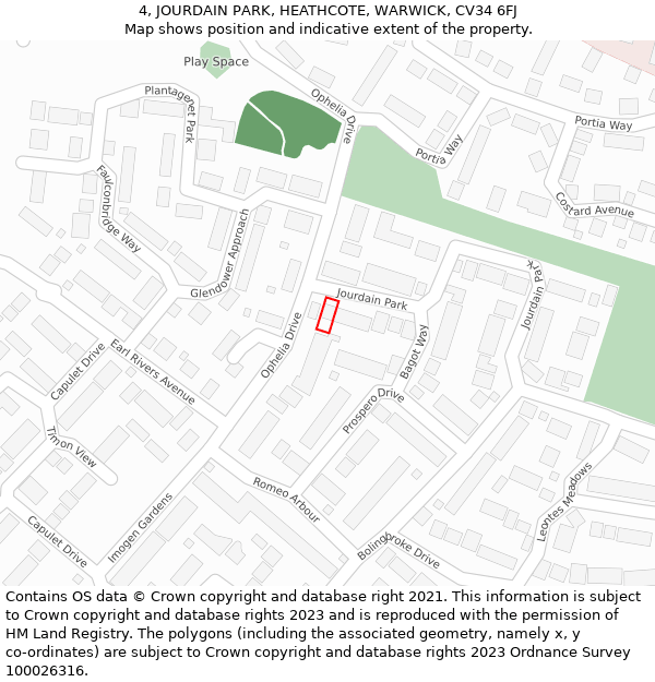 4, JOURDAIN PARK, HEATHCOTE, WARWICK, CV34 6FJ: Location map and indicative extent of plot