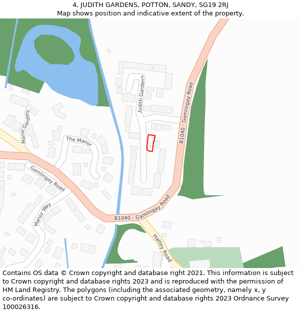 4, JUDITH GARDENS, POTTON, SANDY, SG19 2RJ: Location map and indicative extent of plot