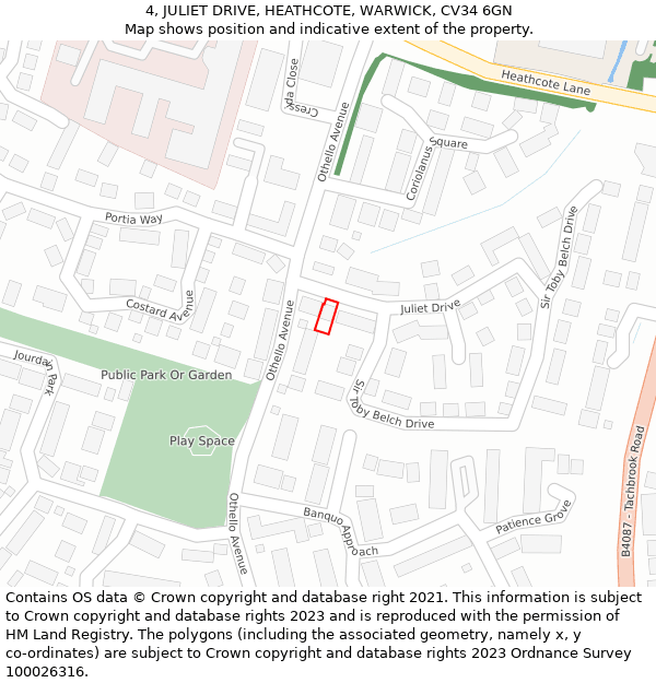 4, JULIET DRIVE, HEATHCOTE, WARWICK, CV34 6GN: Location map and indicative extent of plot