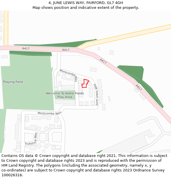 4, JUNE LEWIS WAY, FAIRFORD, GL7 4GH: Location map and indicative extent of plot