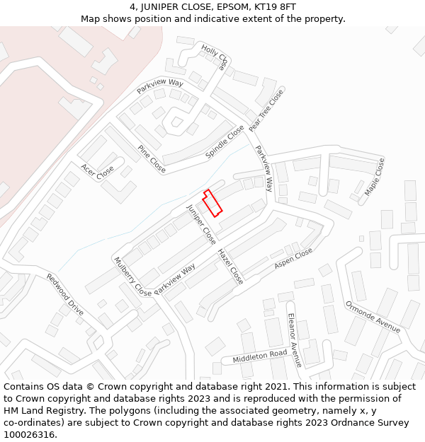 4, JUNIPER CLOSE, EPSOM, KT19 8FT: Location map and indicative extent of plot