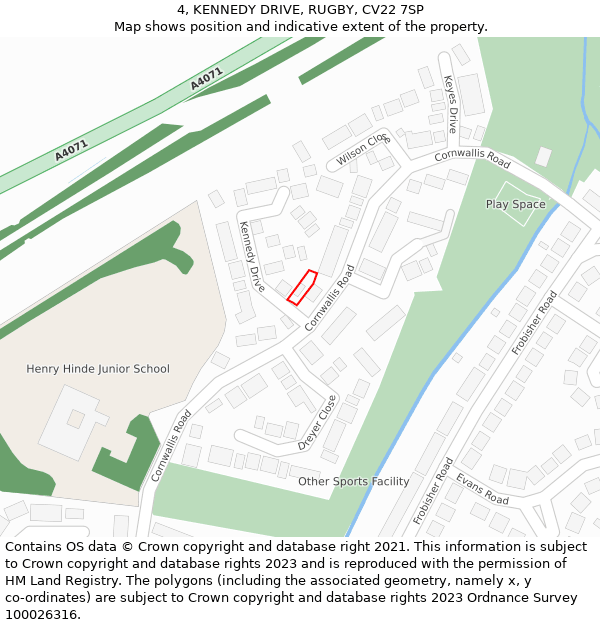 4, KENNEDY DRIVE, RUGBY, CV22 7SP: Location map and indicative extent of plot