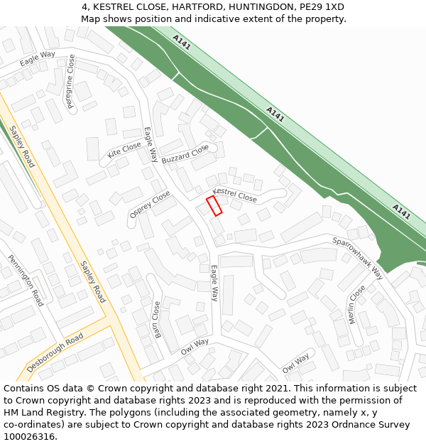 4, KESTREL CLOSE, HARTFORD, HUNTINGDON, PE29 1XD: Location map and indicative extent of plot