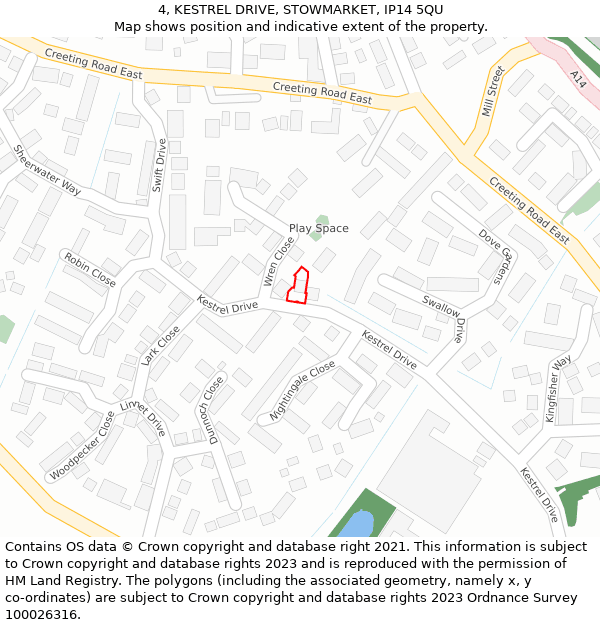 4, KESTREL DRIVE, STOWMARKET, IP14 5QU: Location map and indicative extent of plot