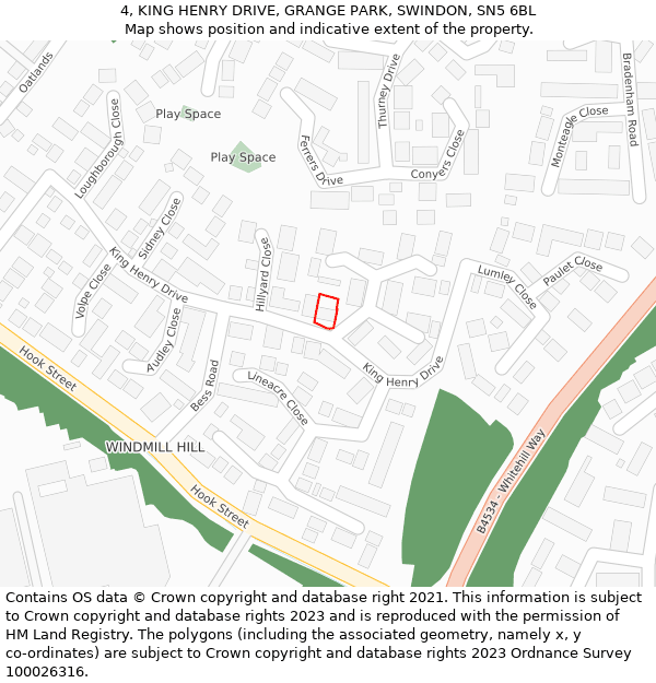 4, KING HENRY DRIVE, GRANGE PARK, SWINDON, SN5 6BL: Location map and indicative extent of plot