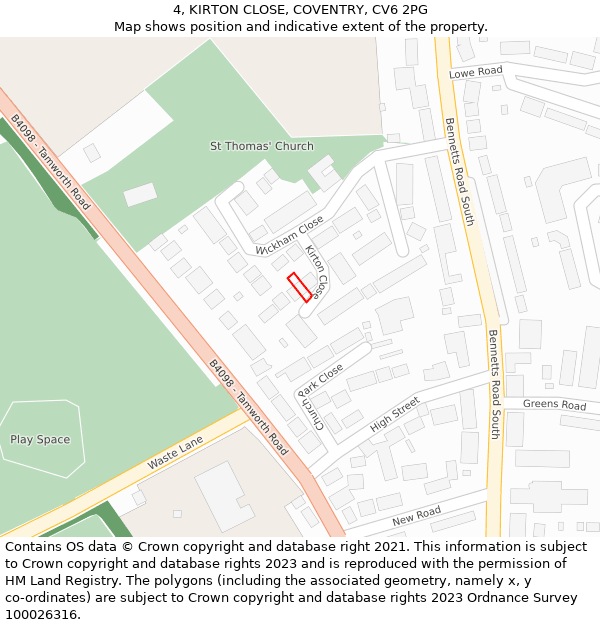 4, KIRTON CLOSE, COVENTRY, CV6 2PG: Location map and indicative extent of plot