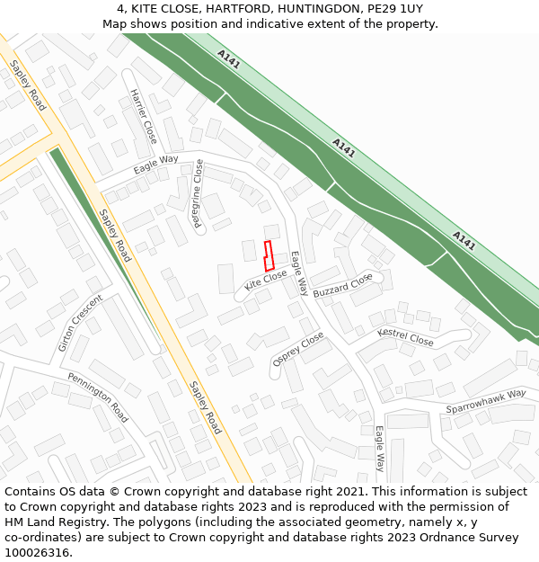 4, KITE CLOSE, HARTFORD, HUNTINGDON, PE29 1UY: Location map and indicative extent of plot