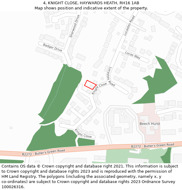 4, KNIGHT CLOSE, HAYWARDS HEATH, RH16 1AB: Location map and indicative extent of plot