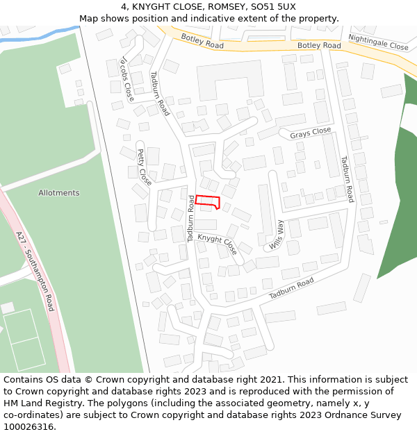 4, KNYGHT CLOSE, ROMSEY, SO51 5UX: Location map and indicative extent of plot