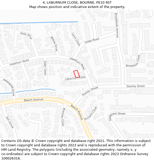 4, LABURNUM CLOSE, BOURNE, PE10 9ST: Location map and indicative extent of plot