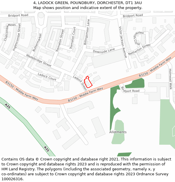 4, LADOCK GREEN, POUNDBURY, DORCHESTER, DT1 3AU: Location map and indicative extent of plot