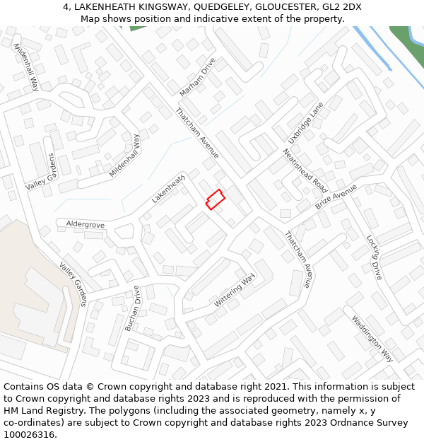 4, LAKENHEATH KINGSWAY, QUEDGELEY, GLOUCESTER, GL2 2DX: Location map and indicative extent of plot