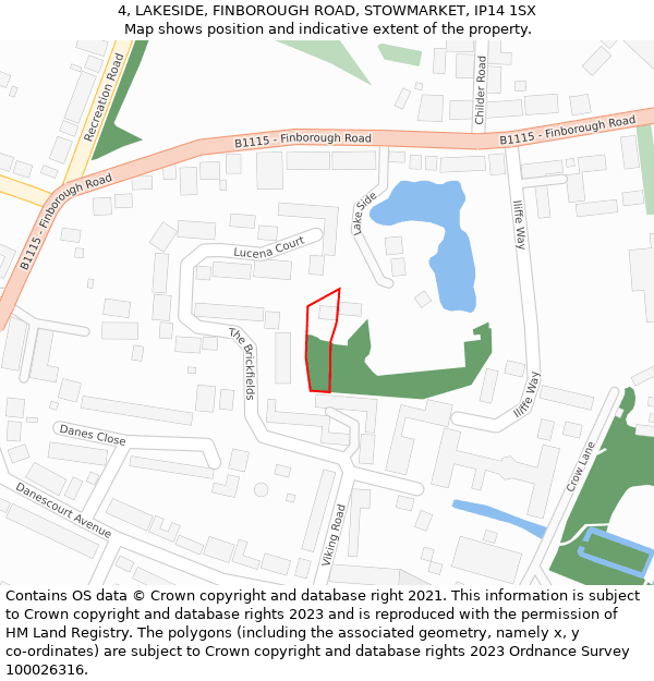 4, LAKESIDE, FINBOROUGH ROAD, STOWMARKET, IP14 1SX: Location map and indicative extent of plot