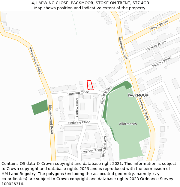 4, LAPWING CLOSE, PACKMOOR, STOKE-ON-TRENT, ST7 4GB: Location map and indicative extent of plot
