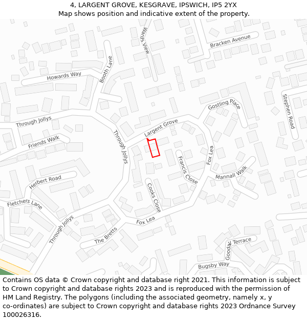 4, LARGENT GROVE, KESGRAVE, IPSWICH, IP5 2YX: Location map and indicative extent of plot