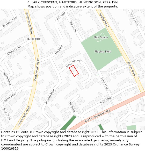 4, LARK CRESCENT, HARTFORD, HUNTINGDON, PE29 1YN: Location map and indicative extent of plot