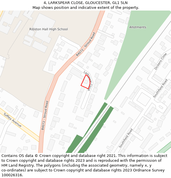 4, LARKSPEAR CLOSE, GLOUCESTER, GL1 5LN: Location map and indicative extent of plot